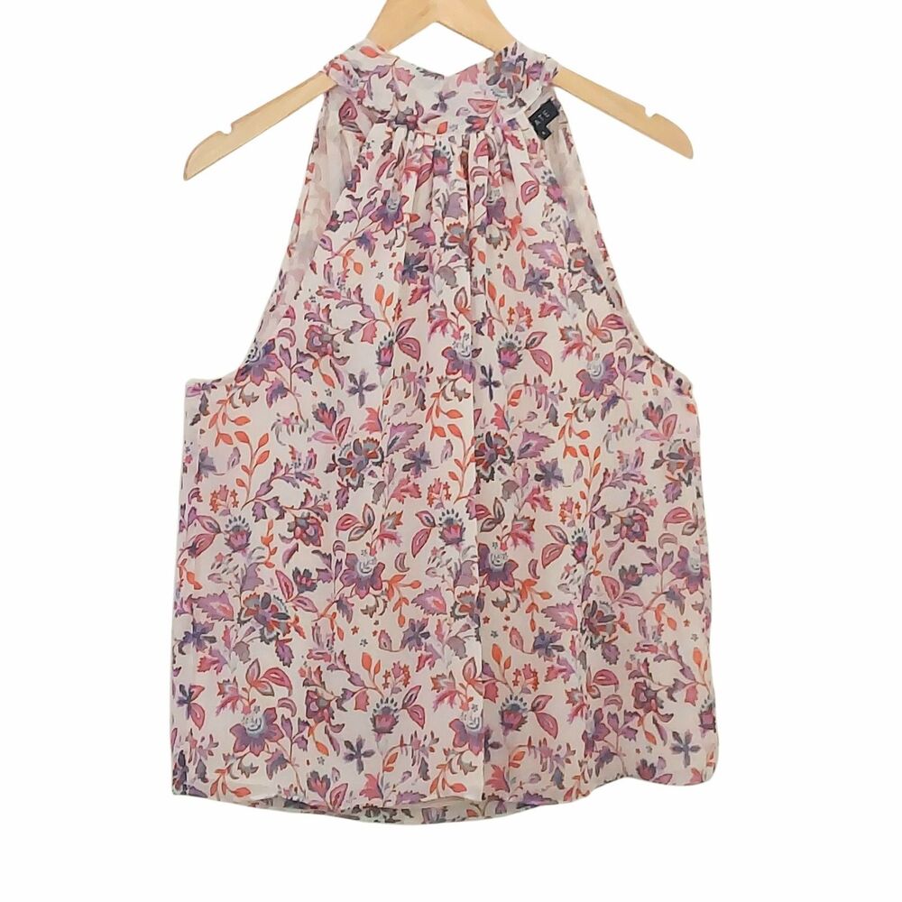 1.State Sleeveless Halter Top Blouse Large L Wildflower Tie Back